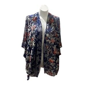 Womens Kimono Cardigan one Size Navy  Blue Floral Open Front Sheer Cover Up